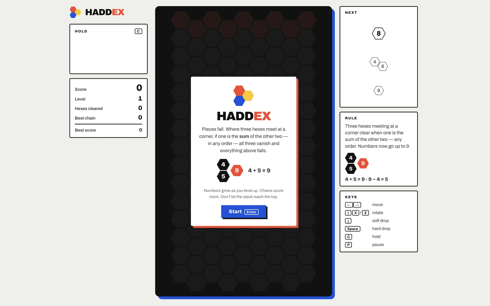 Haddex start screen: the rule “Pieces fall. Where three hexes meet at a corner, if one is the sum of the other two, all three vanish and everything above falls”, with the example 4 + 5 = 9 and a Start button.