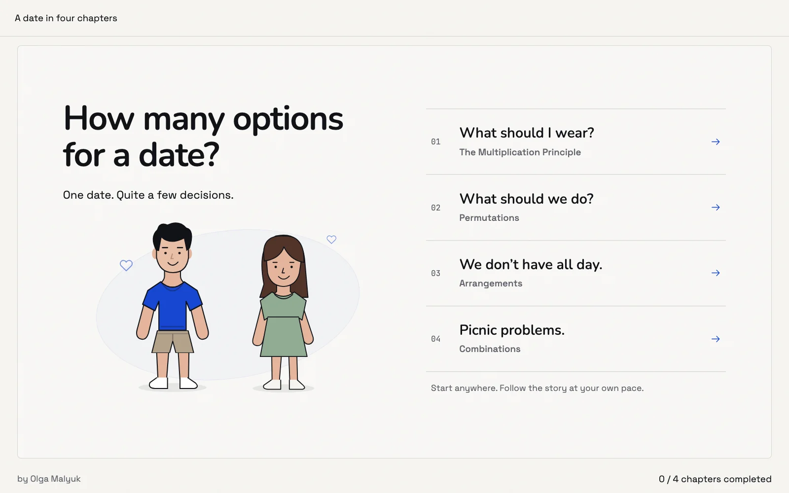 Opening screen: the title “How many options for a date?” with the line “One date. Quite a few decisions.” and Ben and his date, beside the four chapters: What should I wear? (The Multiplication Principle), What should we do? (Permutations), We don’t have all day. (Arrangements) and Picnic problems. (Combinations).