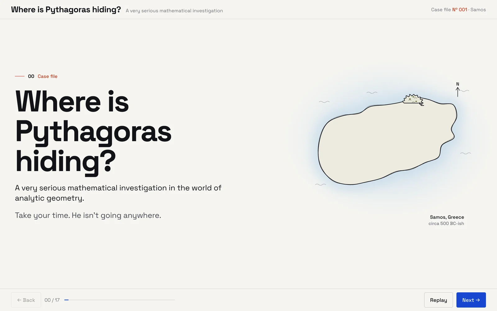 Opening screen: the title “Where is Pythagoras hiding?” with the line “A very serious mathematical investigation in the world of analytic geometry.” beside a hand-drawn map of Samos with an olive bush.